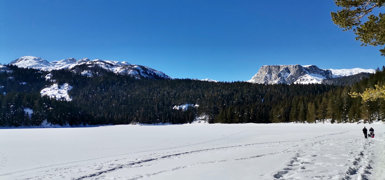 a couple of people walking across a snow covered field